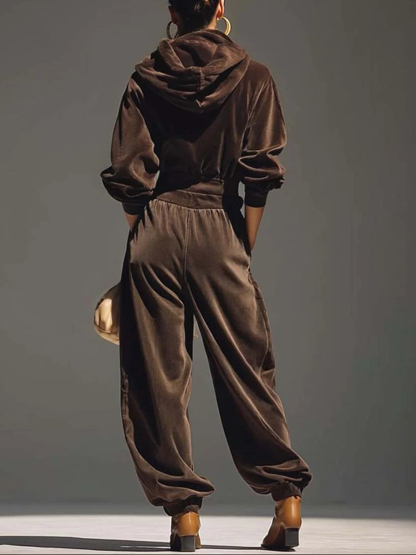 FREYA | VINTAGE BRAUNES SAMT-HOODIE- UND WEITE-HOSE-SET