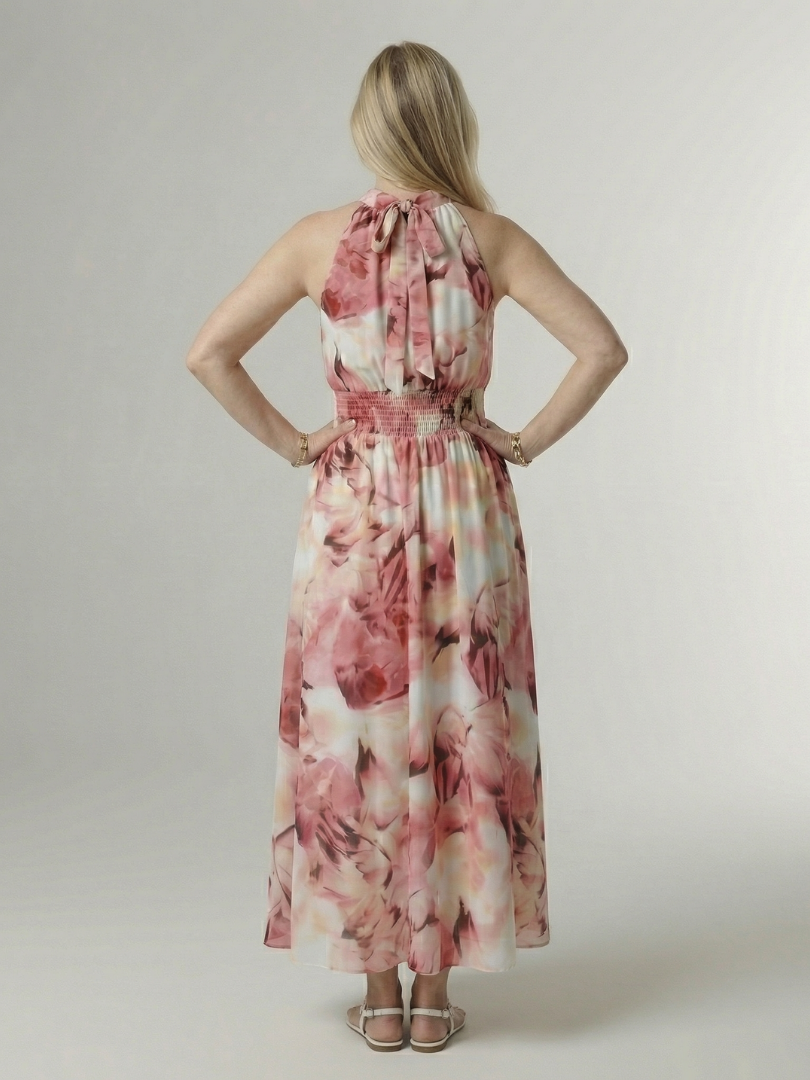SYLIN | MIDI-KLEID MIT HALTERNECK-AUSSCHNITT UND RAFFUNG