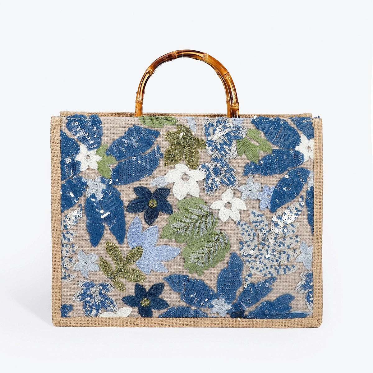 OCEANMEADOW | BLAUE TOTE BAG MIT BLUMENPAILLETTEN UND BAMBUSGRIFF