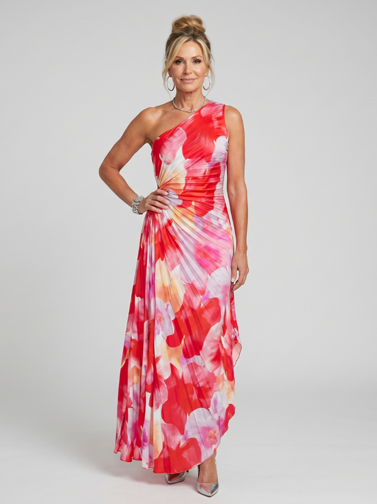 TAYA | ONE SHOULDER PLEATED BODICE MIDI DRESS