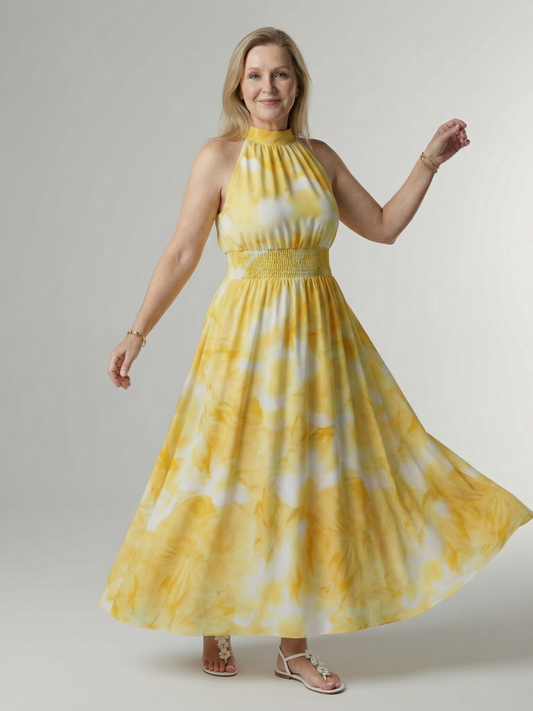 SYLIN | MIDI-KLEID MIT HALTERNECK-AUSSCHNITT UND RAFFUNG