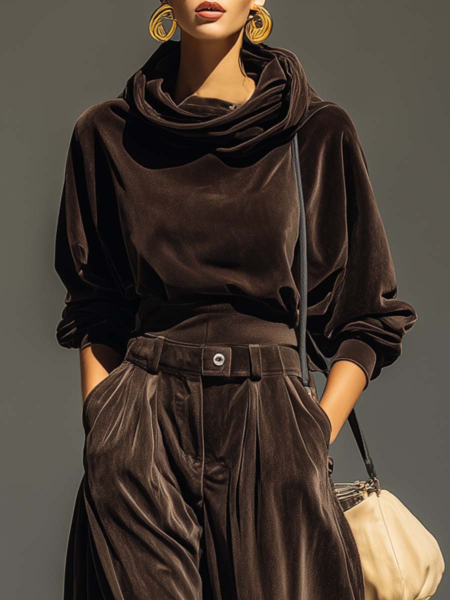 FREYA | VINTAGE BRAUNES SAMT-HOODIE- UND WEITE-HOSE-SET