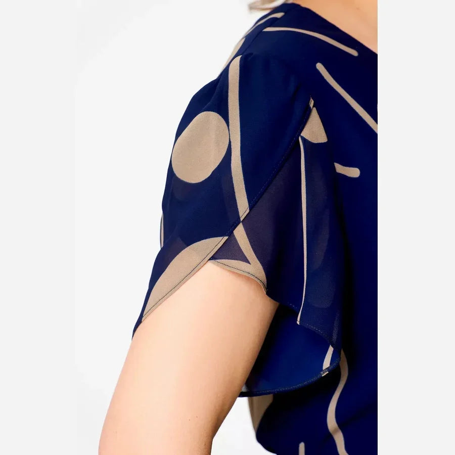 IVY | MIDI-KLEID AUS CHIFFON MIT MARINEBLAUEM PUNKTEMUSTER
