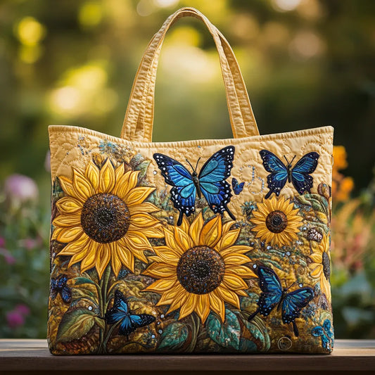 ISLA | HANDGEFERTIGTE TASCHE MIT SONNENBLUMEN UND BLAUEN SCHMETTERLINGEN