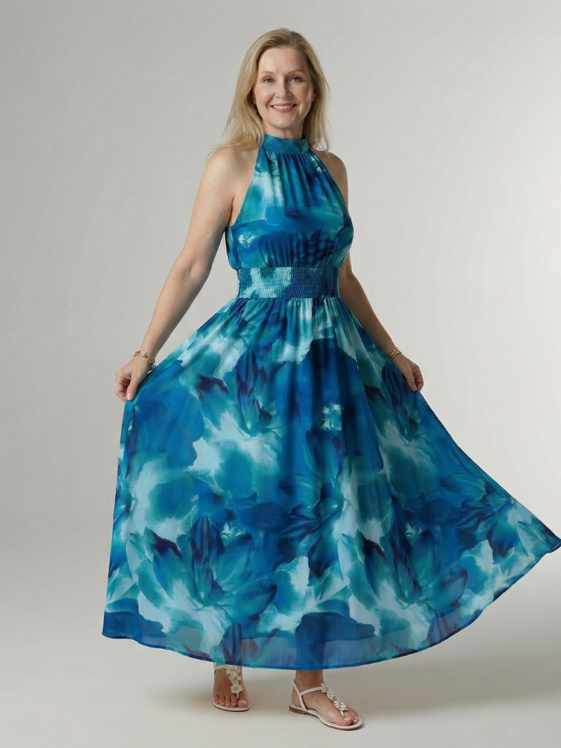 SYLIN | MIDI-KLEID MIT HALTERNECK-AUSSCHNITT UND RAFFUNG