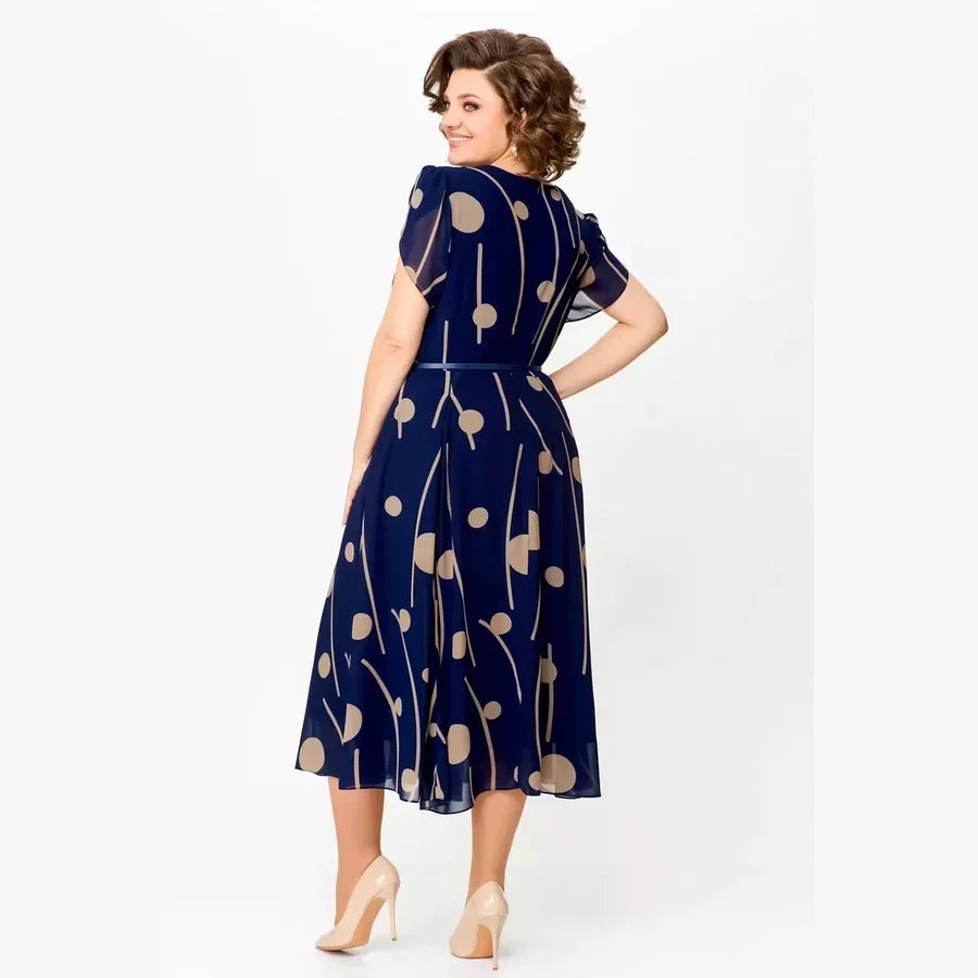 IVY | MIDI-KLEID AUS CHIFFON MIT MARINEBLAUEM PUNKTEMUSTER