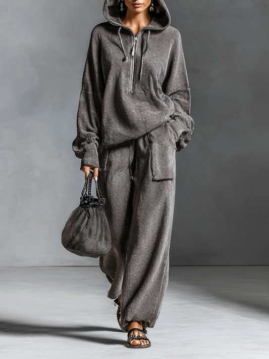 EVELYN | DAMEN FREIZEIT-SET AUS CORD MIT KAPUZENPULLOVER UND GERADER HOSE