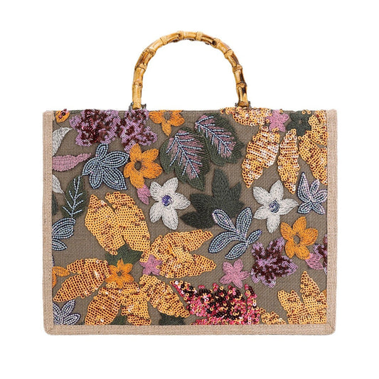 HARVESTGARDEN | TOTE-BAG MIT BLUMEN-PAILLETTEN UND BAMBUSGRIFF
