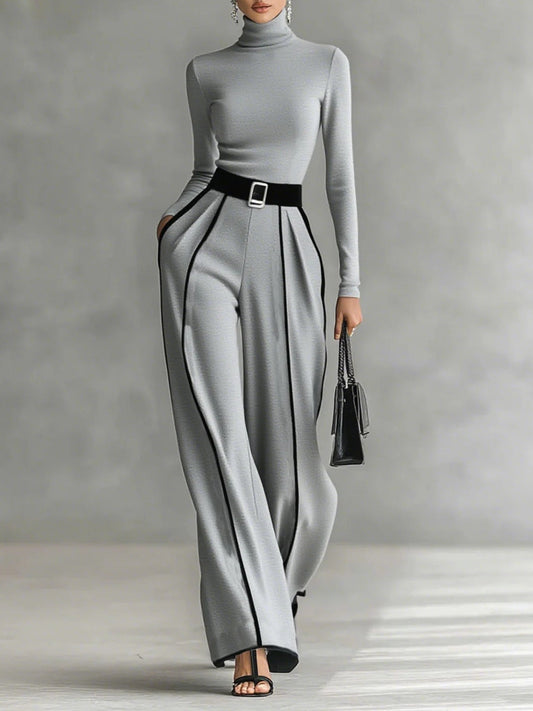 AMELIA | BLACK TRIM HIGH NECK TOP AND WIDE LEG PANTS SET