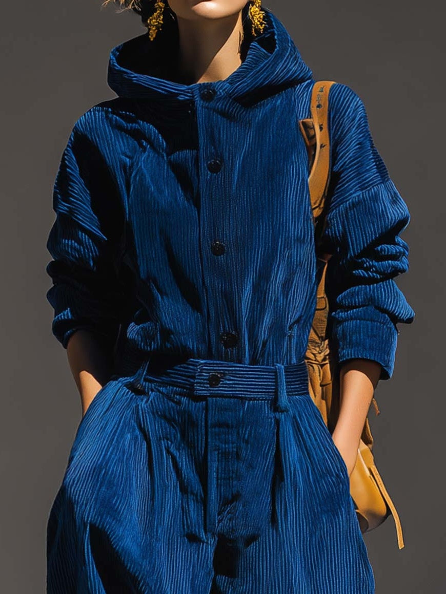 EMILY | SET AUS KAPUZENPULLOVER AUS BLAUEM KORD UND WEIT GESCHNITTENER HOSE