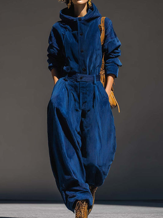 EMILY | SET AUS KAPUZENPULLOVER AUS BLAUEM KORD UND WEIT GESCHNITTENER HOSE