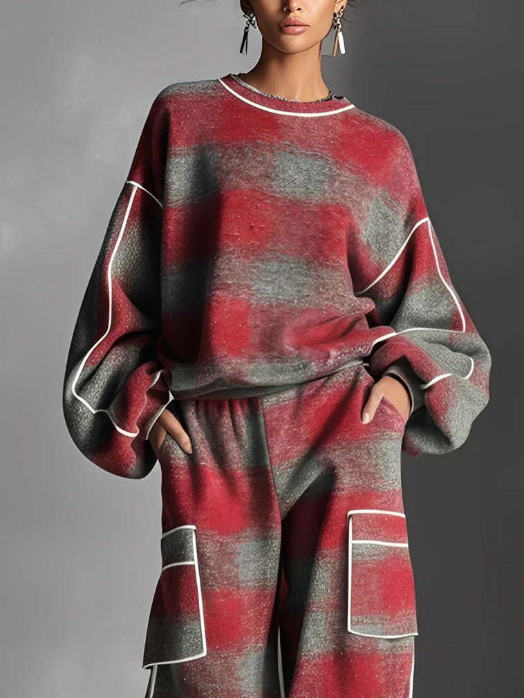 LILY | SWEATSHIRT MIT ROT-GRAUEM KAROMUSTER IM COLOUR-BLOCK-DESIGN UND FREIZEITHOSE-SET