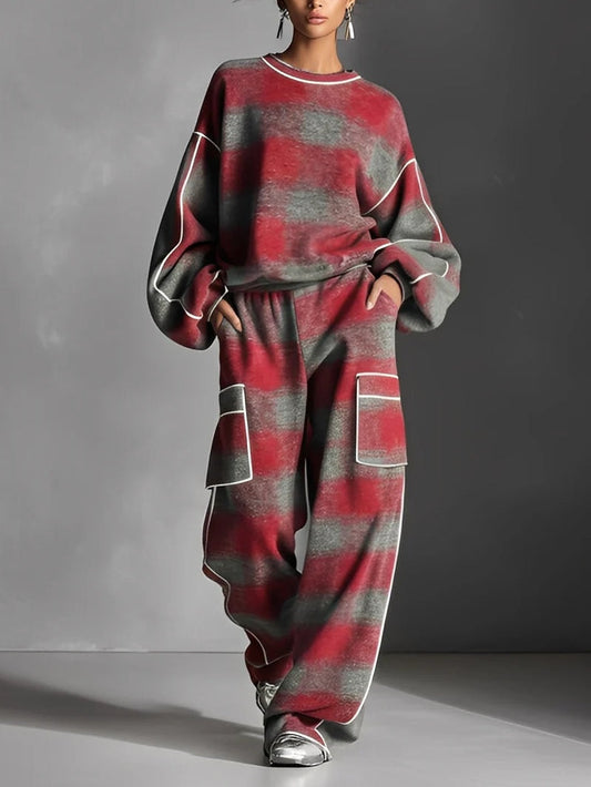 LILY | SWEATSHIRT MIT ROT-GRAUEM KAROMUSTER IM COLOUR-BLOCK-DESIGN UND FREIZEITHOSE-SET