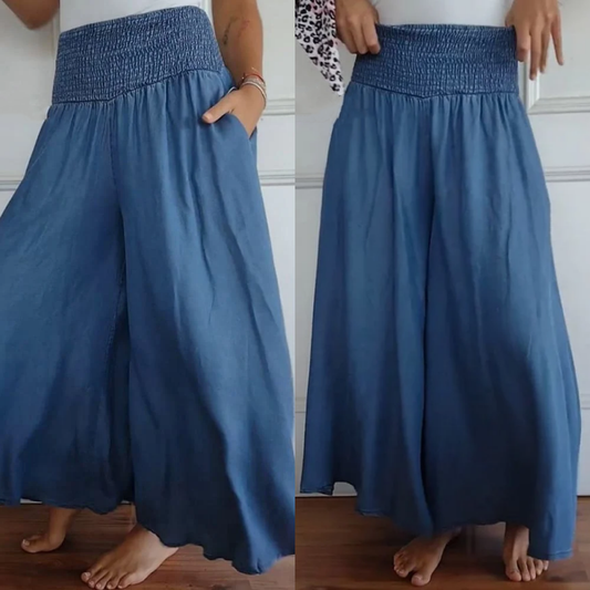 BLYTHE | WEIT GESCHNITTENE HIGH-WAIST-JEANSHOSE MIT SMOK-DETAIL
