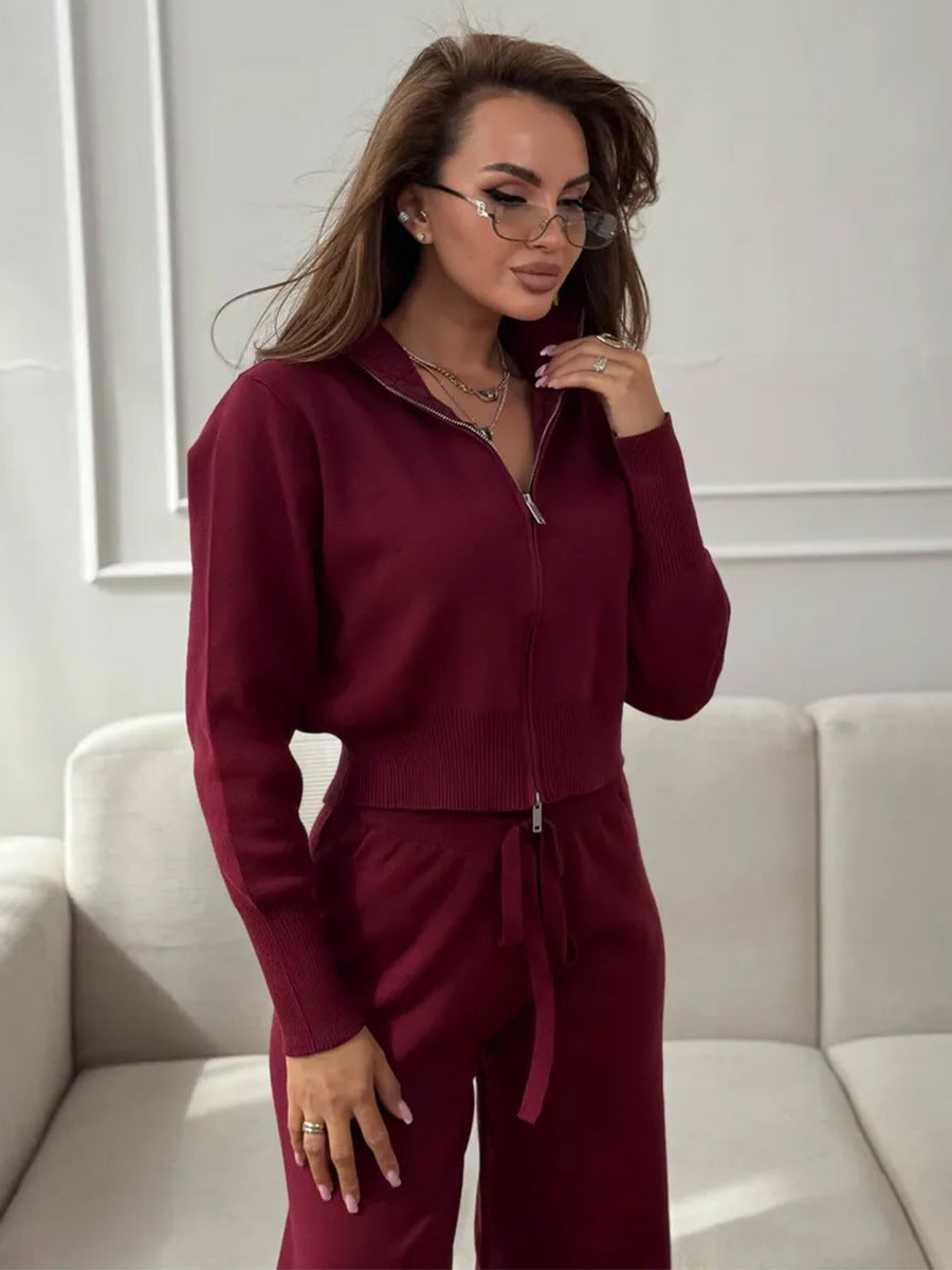 ISLA | 2-TEILIGES STRICKSET – WEITE HOSE MIT KORDELZUG UND REISSVERSCHLUSS-JACKE