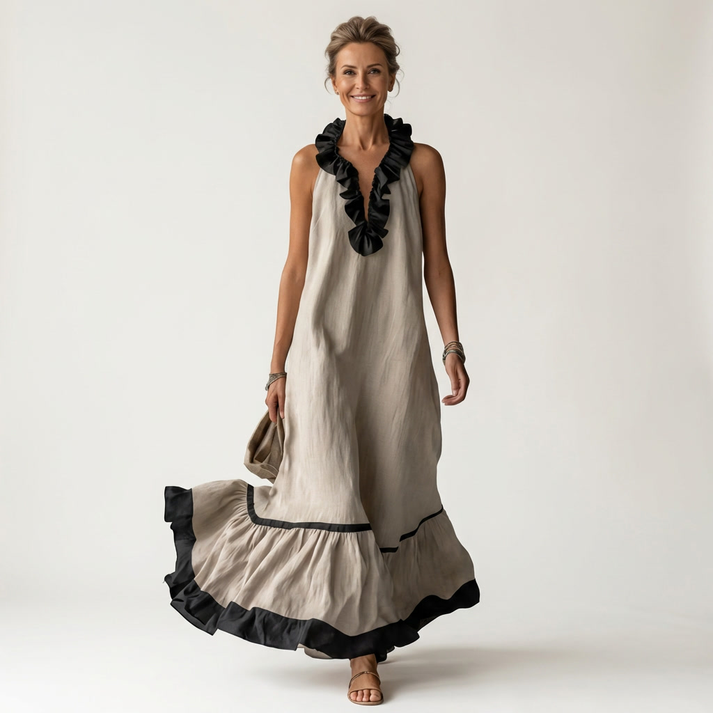 SERAPHINA | ÄRMELLOSES MAXIKLEID MIT RÜSCHENKRAGEN UND KONTRASTIERENDEM SAUM