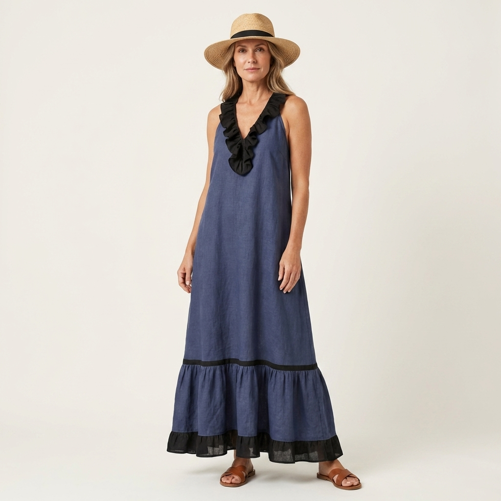 SERAPHINA | ÄRMELLOSES MAXIKLEID MIT RÜSCHENKRAGEN UND KONTRASTIERENDEM SAUM
