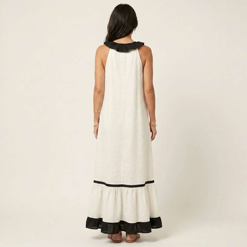 SERAPHINA | ÄRMELLOSES MAXIKLEID MIT RÜSCHENKRAGEN UND KONTRASTIERENDEM SAUM