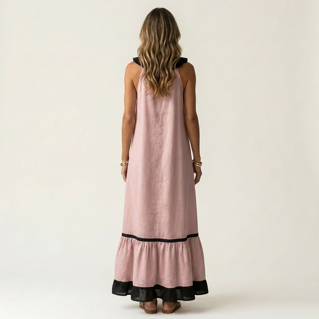 SERAPHINA | ÄRMELLOSES MAXIKLEID MIT RÜSCHENKRAGEN UND KONTRASTIERENDEM SAUM