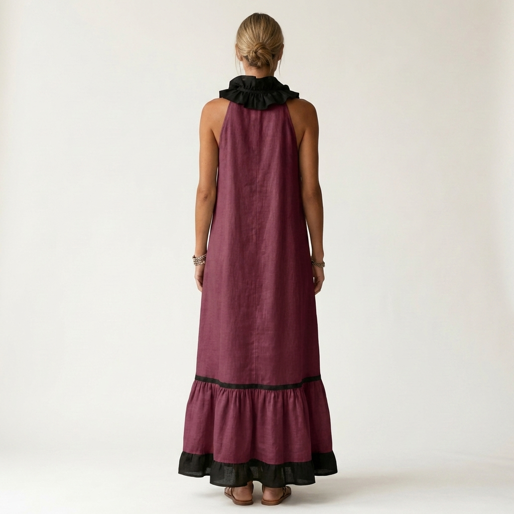 SERAPHINA | ÄRMELLOSES MAXIKLEID MIT RÜSCHENKRAGEN UND KONTRASTIERENDEM SAUM
