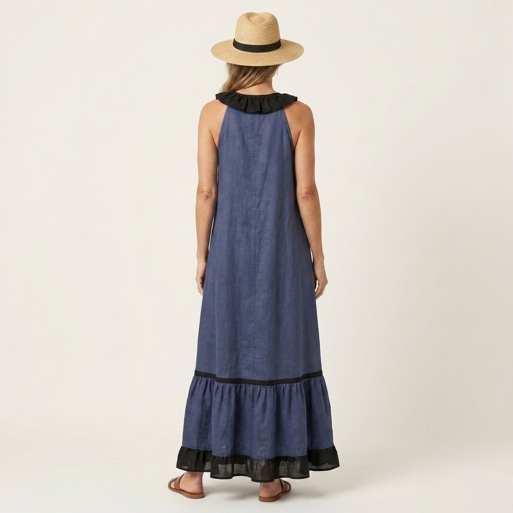 SERAPHINA | ÄRMELLOSES MAXIKLEID MIT RÜSCHENKRAGEN UND KONTRASTIERENDEM SAUM