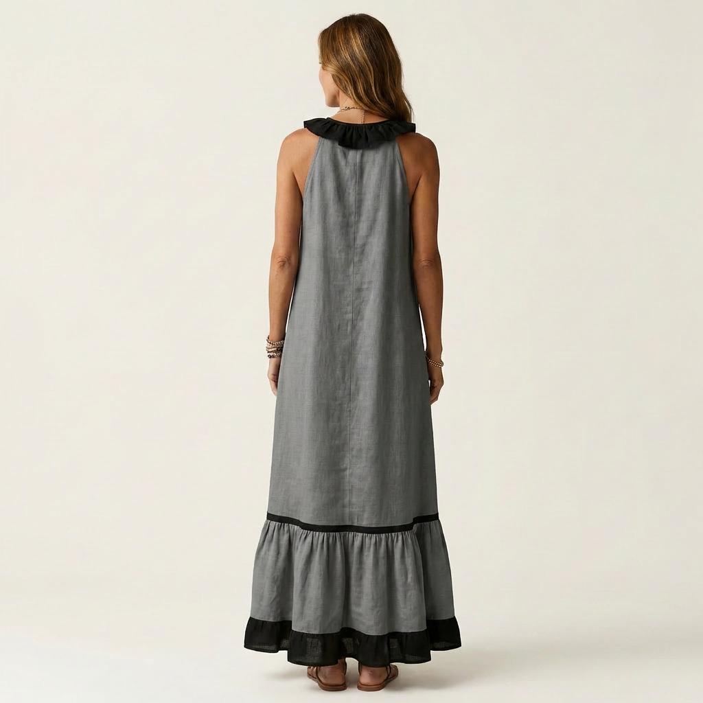 SERAPHINA | ÄRMELLOSES MAXIKLEID MIT RÜSCHENKRAGEN UND KONTRASTIERENDEM SAUM